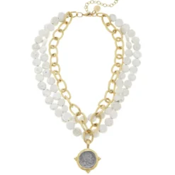 American Indian Head Multi-Strand White Turquoise Necklace