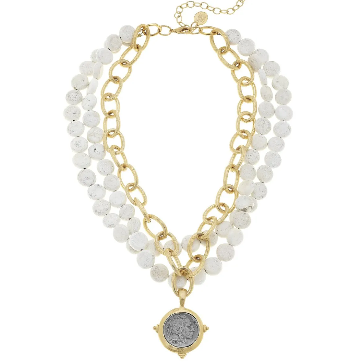 American Indian Head Multi-Strand White Turquoise Necklace