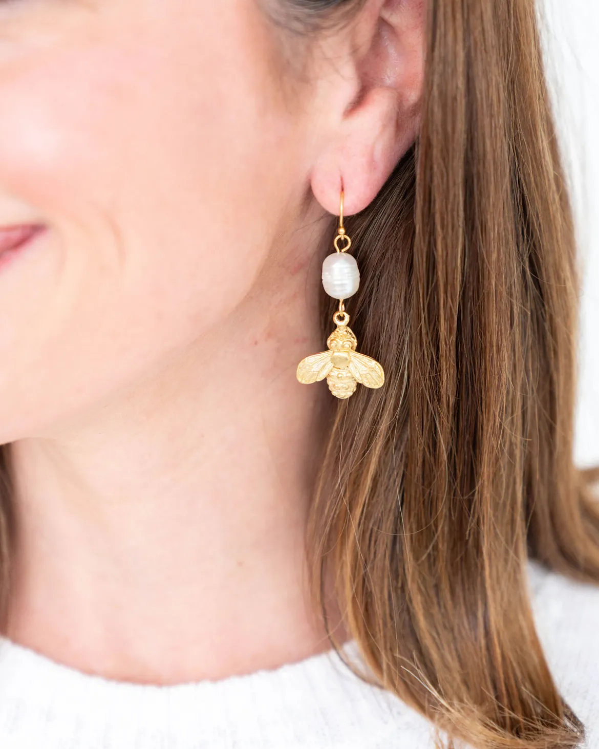 Bee + Pearl Wire Drop Earrings