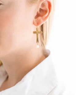 Cross + Pearl Drop Earrings