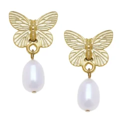 Gold Butterfly + Pearl Drop Earrings