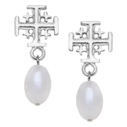 Jerusalem Cross Drop Pearl Earrings