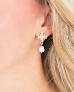 Jerusalem Cross Drop Pearl Earrings