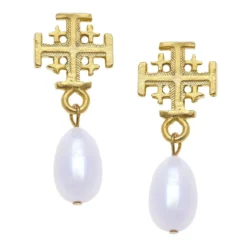 Jerusalem Cross Drop Pearl Earrings