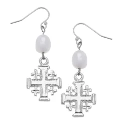 Jerusalem Cross Pearl Drop Earrings
