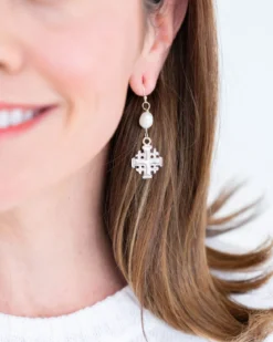Jerusalem Cross Pearl Drop Earrings