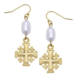 Jerusalem Cross Pearl Drop Earrings