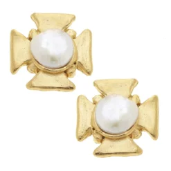Maltese Cross Pearl Studs