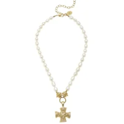 Squared French Cross Pearl Necklace