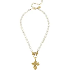 Vintage Gold Cross Pearl Necklace